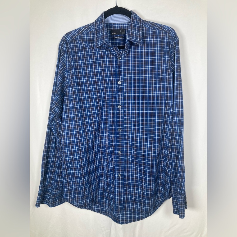 Quieti Blue,White and Black Checkered Plaid Men's Button Up Shirt